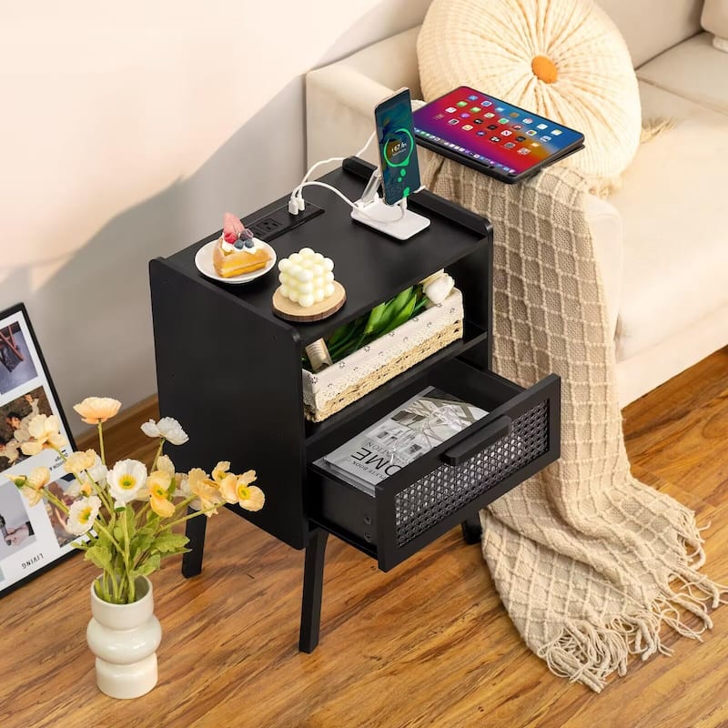 Rattan Nightstand with Charging Station,Side Table with Drawer Open Shelf,Cane Bedside End Table with Solid Wood Legs