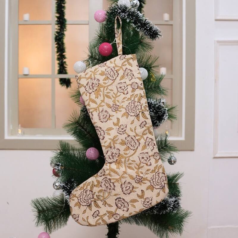 Fabdivine Handmade Floral Christmas Stockings Linen Block Print Décor - 10"X4.5"