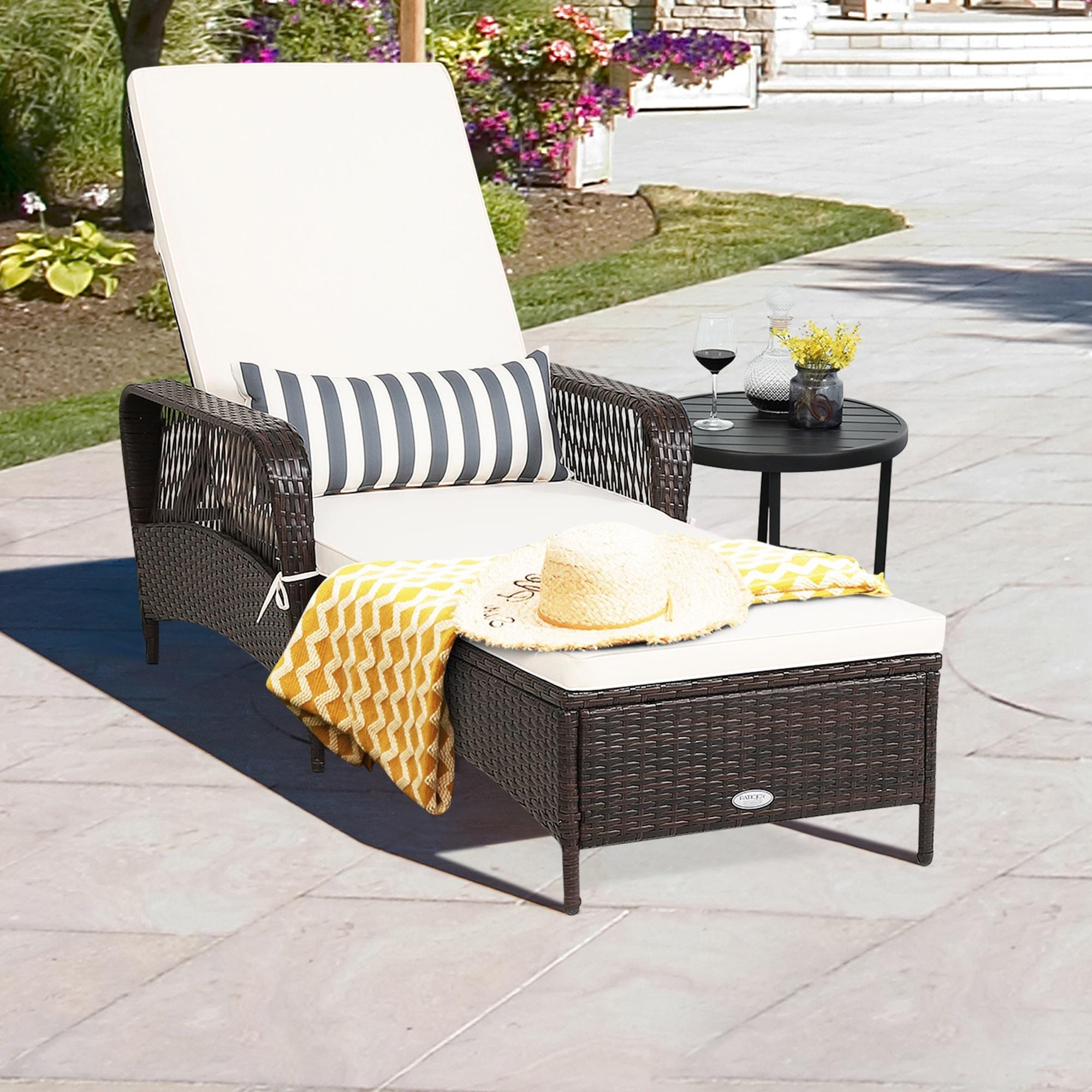 Gymax Rattan Patio Lounge Chair Chaise w Adjustable Backrest Cushion 79 x 29 x 40