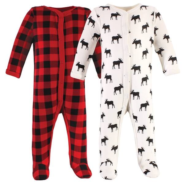 slide 1 of 1, Hudson Baby Infant Boy Cotton Snap Sleep and Play 2pk, Plaid Moose 0-3 Months - Plaid Moose