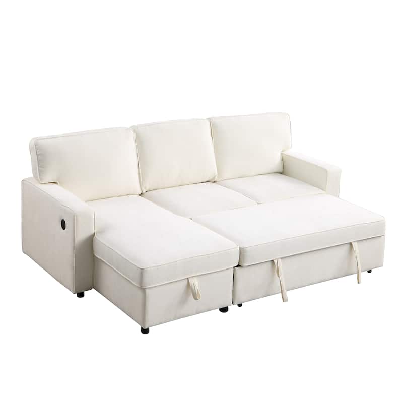 Chenille L-shaped Sectional Sofa with Pull Out Sleeper Bed, Reversible Storage Chaise, Folding Cup Holders and Charging Station