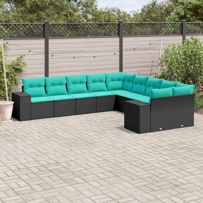 vidaXL 10 Piece Patio Sofa Set with Cushions Black Poly Rattan