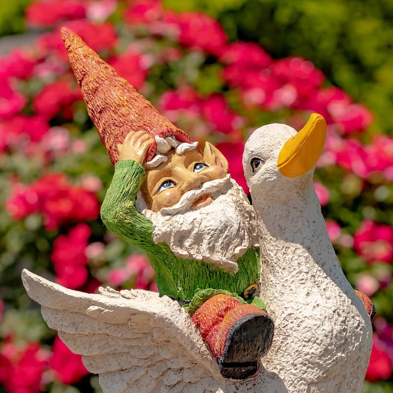 23 Inch Tall Spring Gnome Garden Statue Riding a Duck