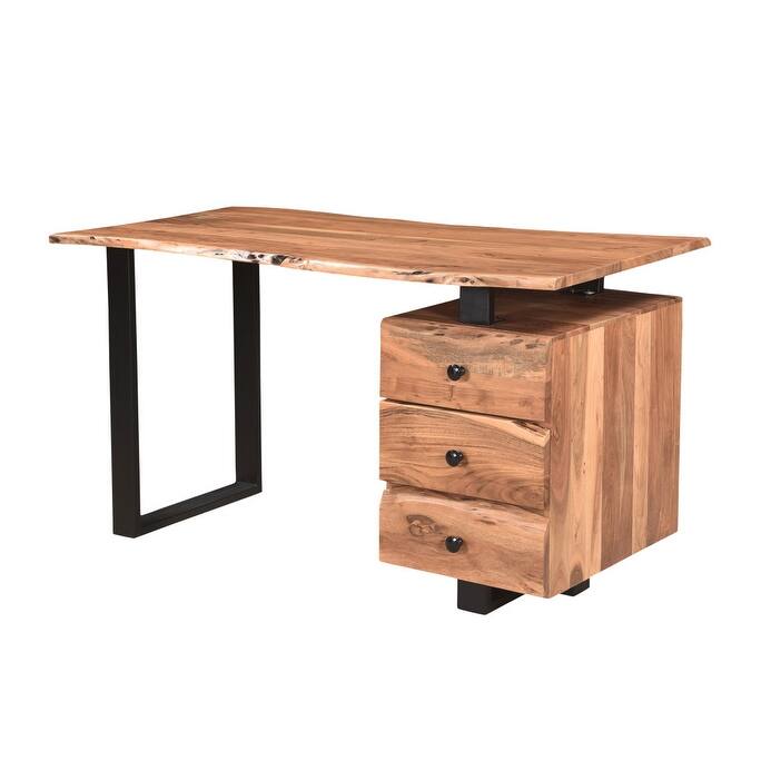 HomeRoots 54" Natural and Black Live Edge Solid Wood Writing Desk With Three Drawers