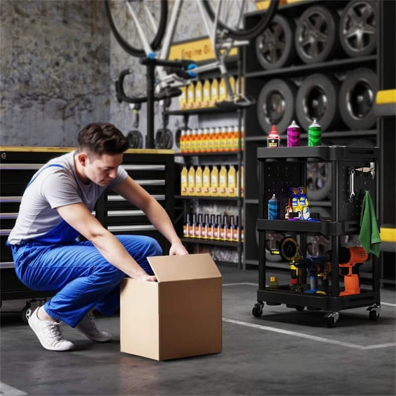 Three-Tier Mobile Rolling Tool Cart with Hooks and Storage Holes for Garage Workshop Organizer - 22.2" W x 18.7" D x 35" H