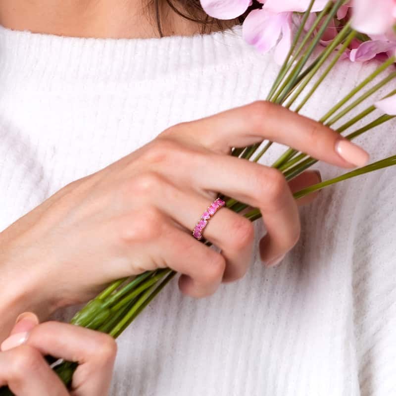Miadora 4ct TGW Created Pink Sapphire Heart Eternity Ring in Rose Silver