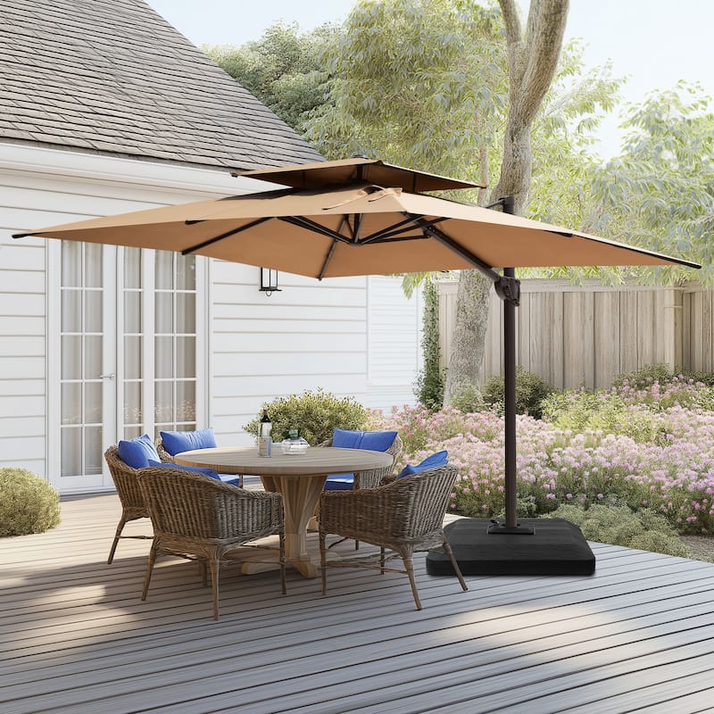 9 FT x 12 FT Outdoor Patio Dual Top Umbrella Cantilever Offset with Premium Base