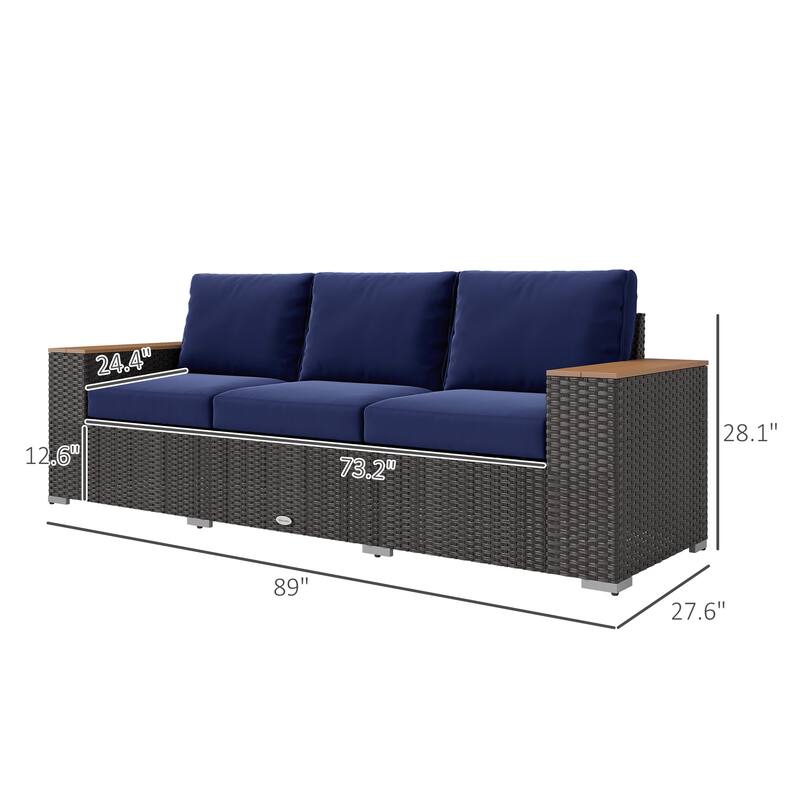 Outsunny 3-Seat Patio Sofa with Cushions, PE Rattan Outdoor Couch with Wood Grain Wide Armrests for Porch