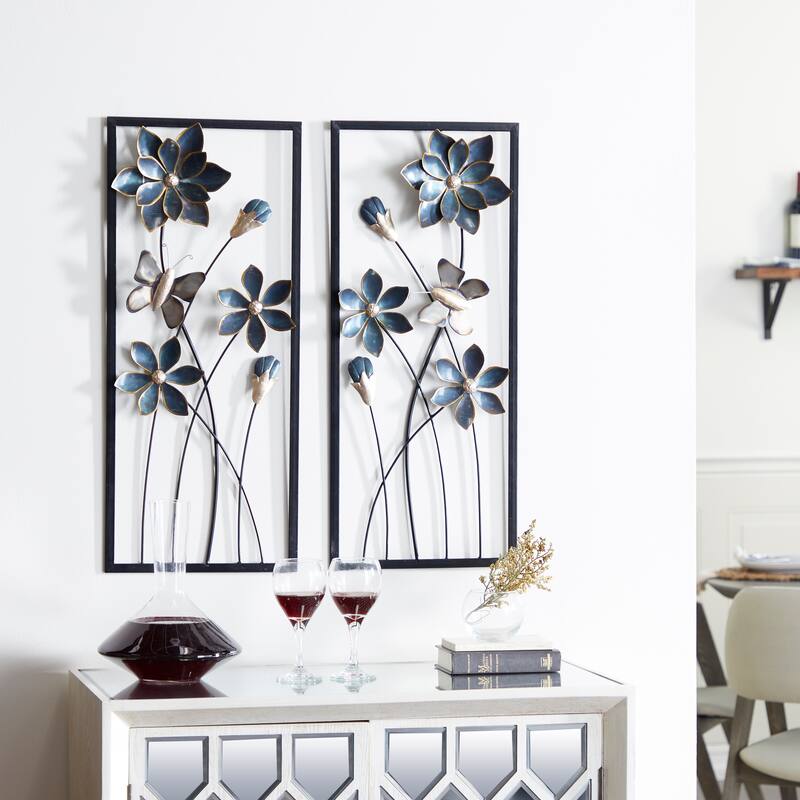 Teal Metal Floral Home Wall Decor with Black Frames and Butterfly Accents (Set of 2) - Teal