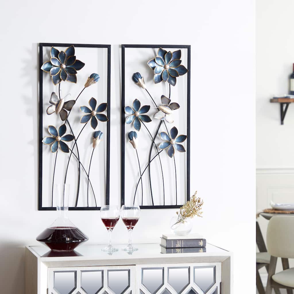 Teal Metal Floral Home Wall Decor with Black Frames and Butterfly Accents (Set of 2)