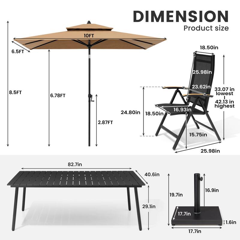 9/11-Piece Outdoor Aluminum Patio Dining Set w/10 ft Umbrella and Base, Rectangle Table and Folding Chairs