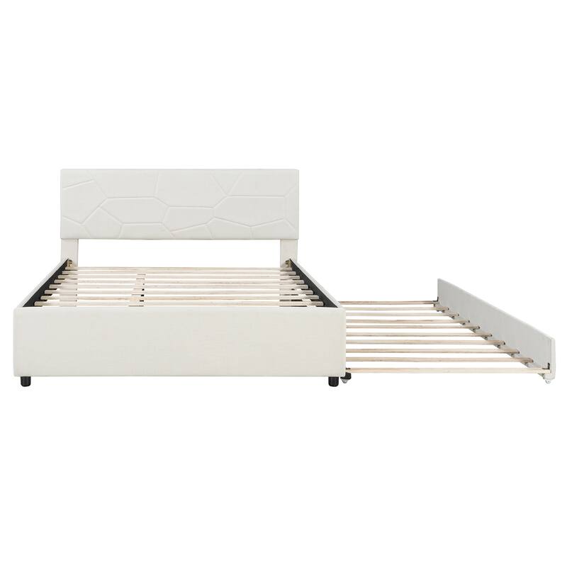 Queen Size Upholstered Platform Bed with Brick Pattern Headboard and Twin XL Size Trundle, Linen Fabric, Beige