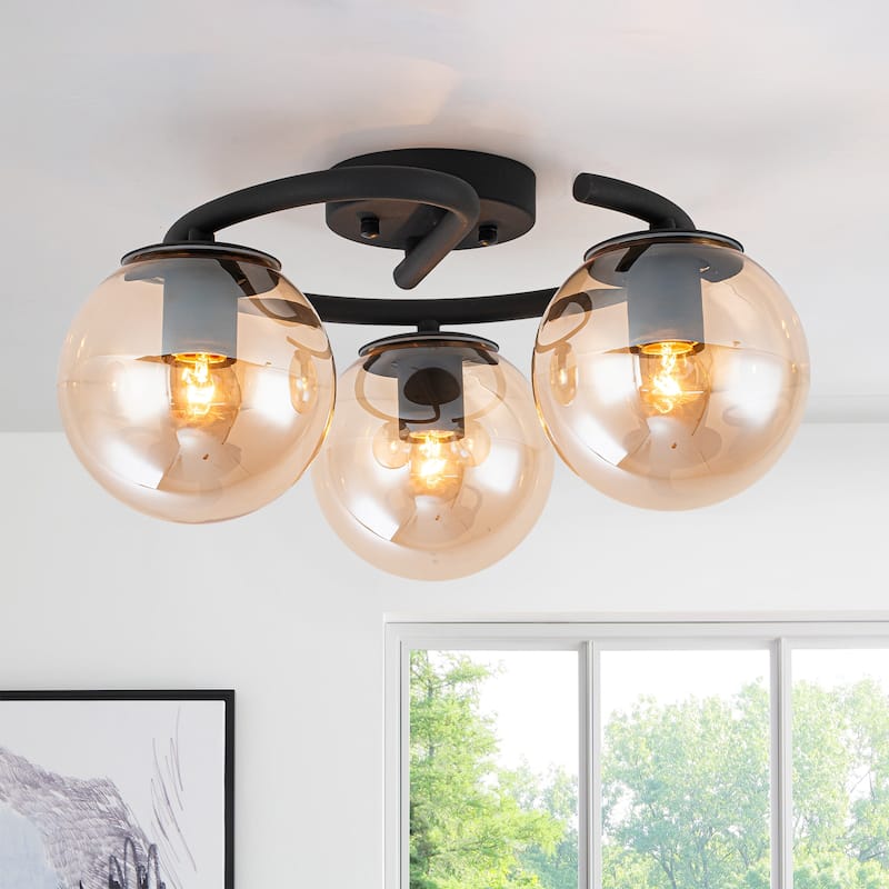3 Light Matte Black Flush Mount Lighting Industrial with Amber Glass Globes - Dia.16.93-in - Dia.16.93-in