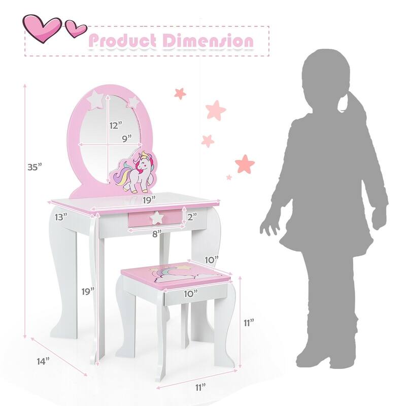 Kids Wooden Makeup Dressing Table and Chair Set with Mirror and Drawer - 19" x 14" x 35" (L x W x H)