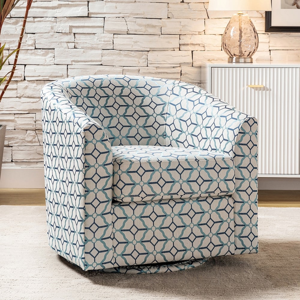 Cuenca Modern Living Room Wooden Upholstered 360° Swivel Barrel Chair with Metal Base and Wide Backrest