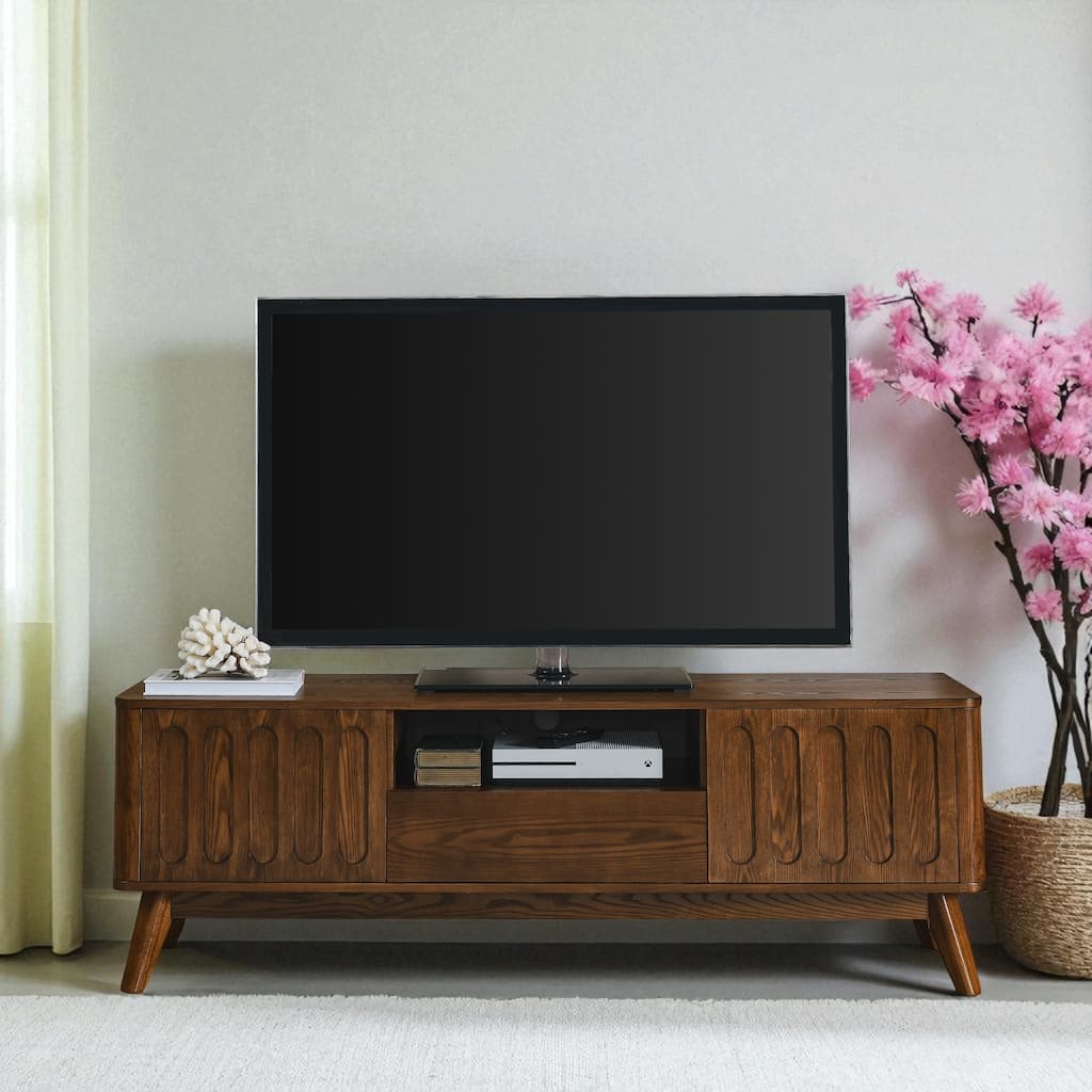 Mid-Century Modern Fluted TV Stand for 65 Inch TV, Farmhouse Wood Media Console with Drawer & Solid Wood Legs