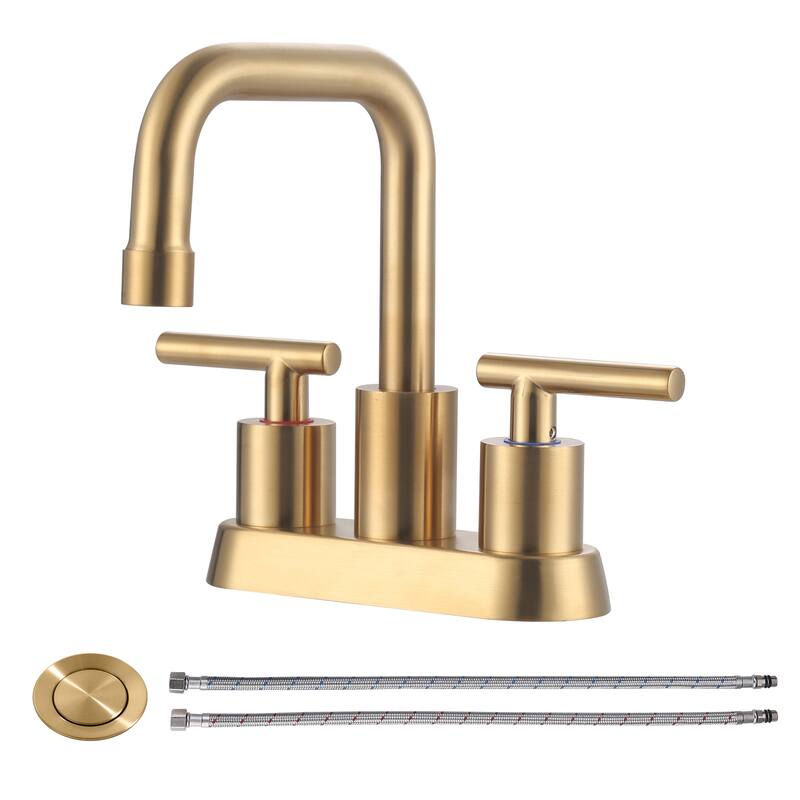 WOWOW 4 in. Centerset Double Handle Bathroom Faucet with Drain Kit - Brushed Gold