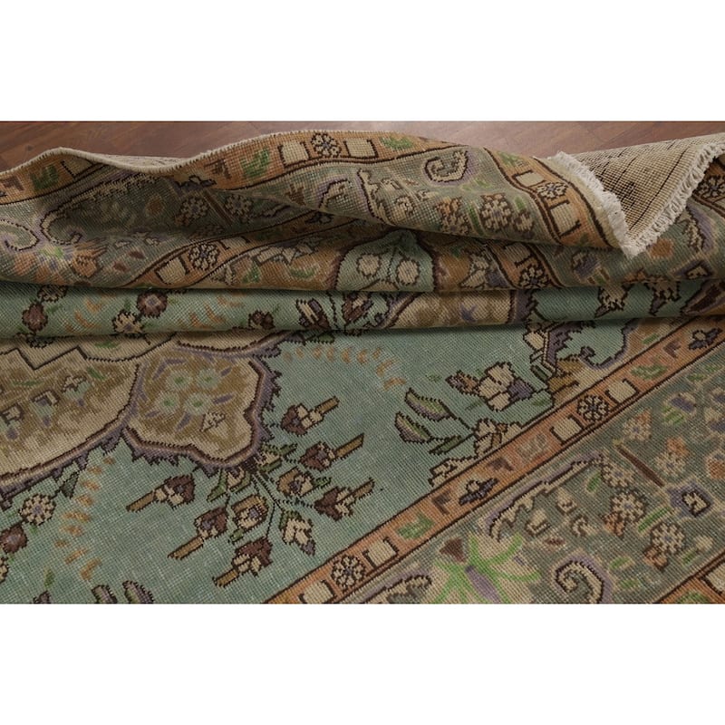 Aqua Green Medallion Tabriz Persian Area Rug Hand-Knotted Wool Carpet - 6'2"x 9'3"