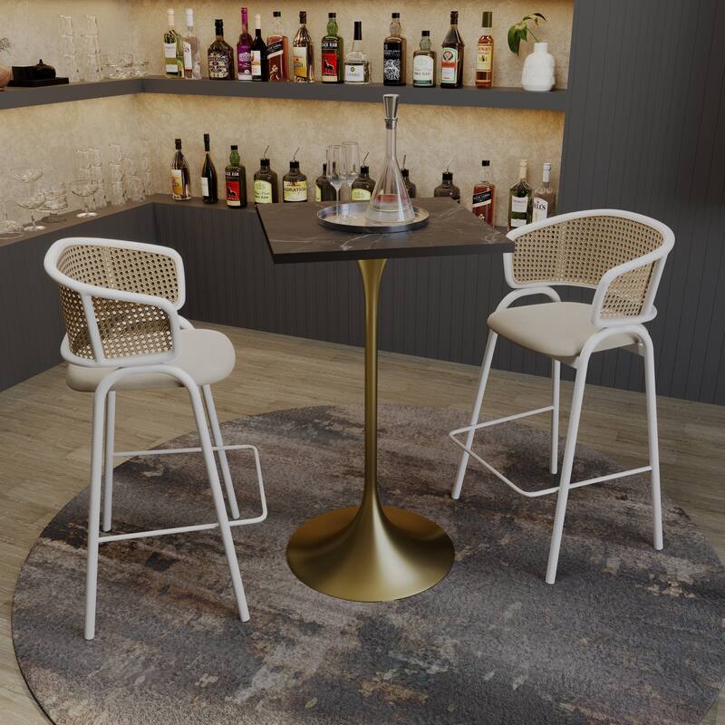 Verve 43 in. Tall Bar Height Dining Table Square MDF Wood Tabletop in Gold Stainless Steel Pedestal Base Accent Bar Table