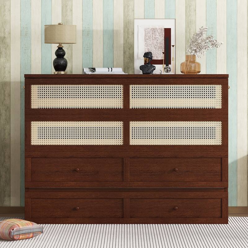 Queen Size Pine Wood Murphy Bed with Rattan Decoration and Storage Drawer