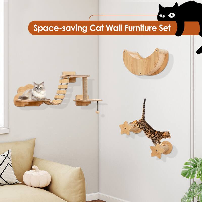 Gymax Wall-Mounted Cat Activity Center Modern Cat Wall Furniture Set - Beige