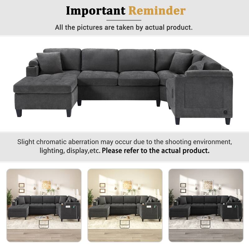 Oversized Corner Sectional, Modern U-Shaped Sectional Sofa with Built-in Storage Boxes and Dual Cup Holders, USB Ports, Pockets