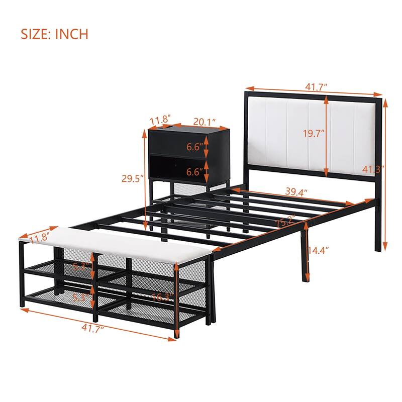 Modern Twin/Full Metal Bed Frame with Upholstered Top, Storage Shelves, and Wooden Cabinet