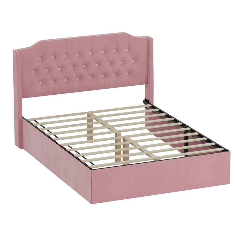 Crystal Button Accents Wingback Tufted Headboard Bed Frame, Platform Bed with Under-Bed Storage Space, Wood Low Profile Bed