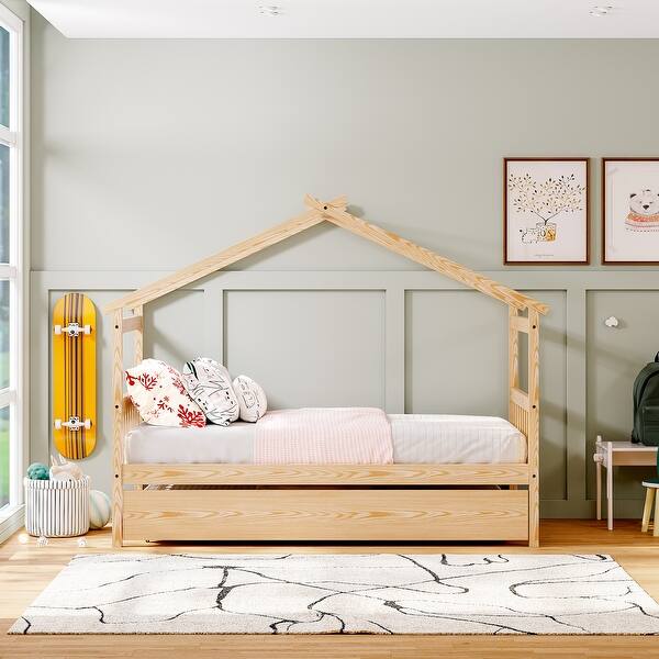 slide 2 of 13, Twin Size Wooden House Platform Bed with Twin Size Trundle Natural