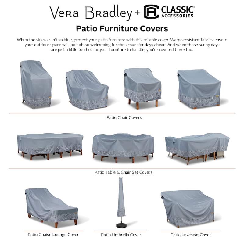 Vera Bradley by Classic Accessories Water-Resistant Patio Chaise Lounge Cover, 78 x 34 x 34 Inch, Rain Forest Toile Gray