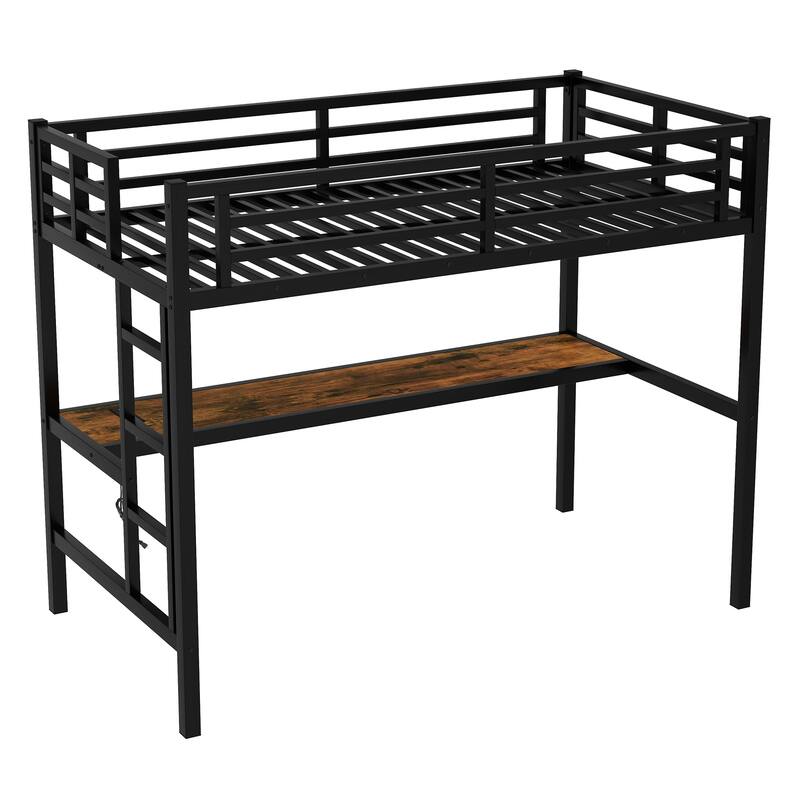 Metal Full XL Loft Bed with Desk, Power Outlet, USB Charging, LED Lights, Space-Saving Design, Black