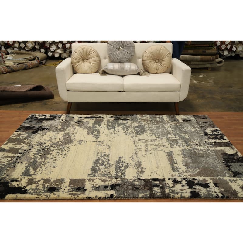 Hand Knotted Oriental 100% Wool Carpet Modern Abstract Beige & Ivories Gabbeh Area Rug - 7' 6'' X 5' 2''