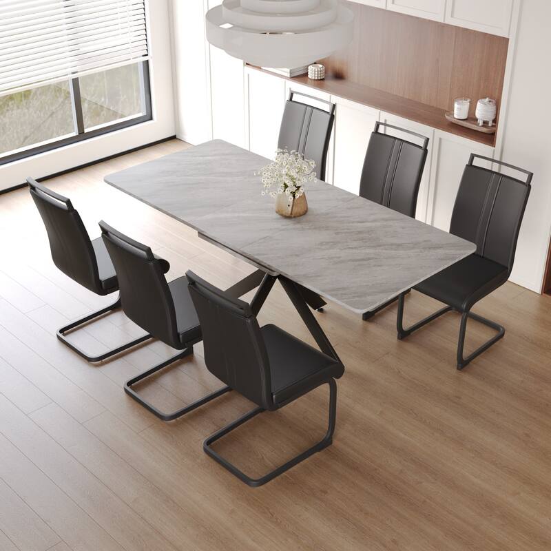 Modern Dining Set with Rectangular Extendable Table & C-shaped Tube Soft Padded Armless Chairs