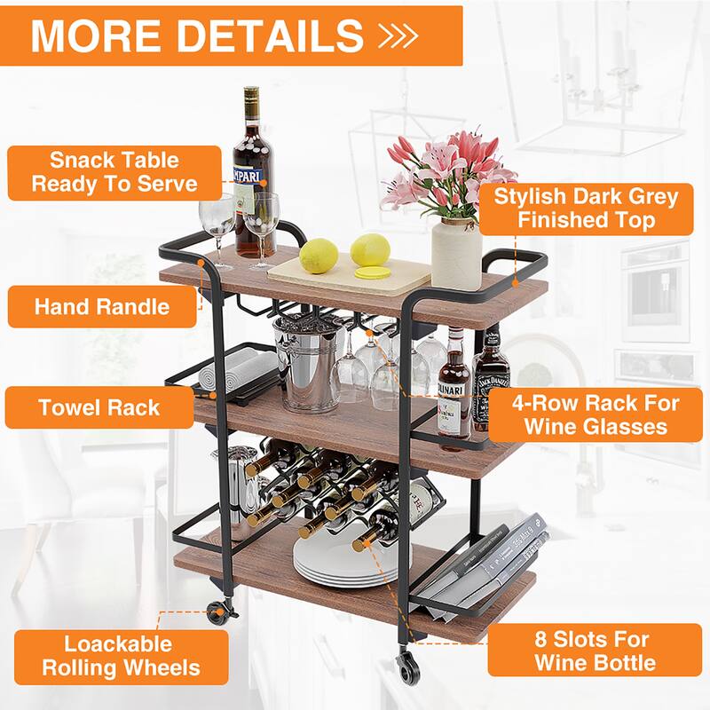 Modern Industrial 3-tier Bar Cart with Wine Rack