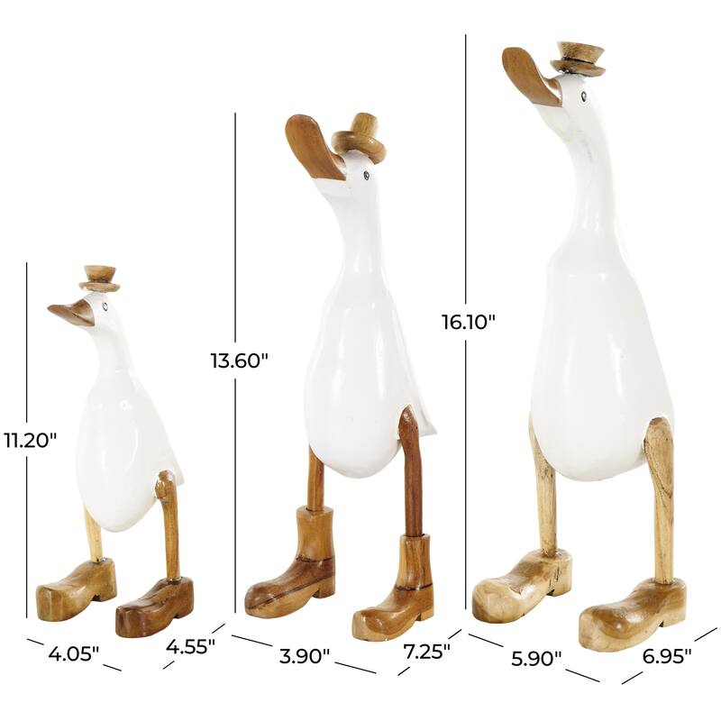 Bamboo Wood Duck Decorative Sculpture with Brown Top Hats and Shoes - Set of 3 White - Roche River Decor