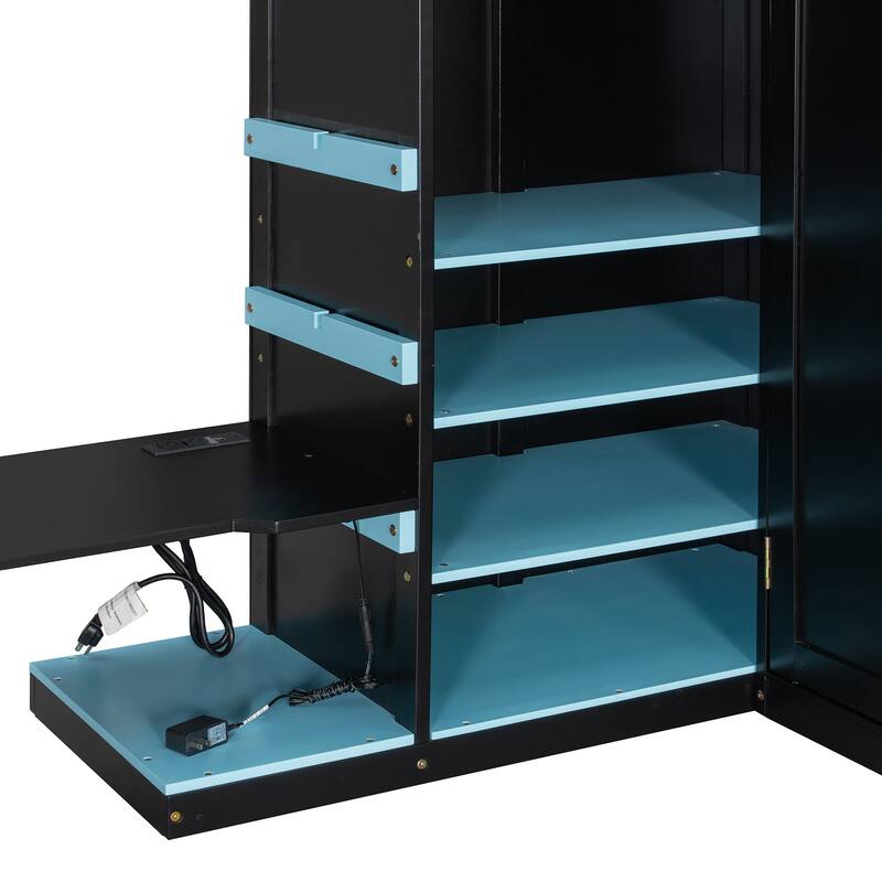 Full Size Wood Loft Bed with Desk - Multi-Storage Shelves, USB & RGB Light, Study Loft Bed