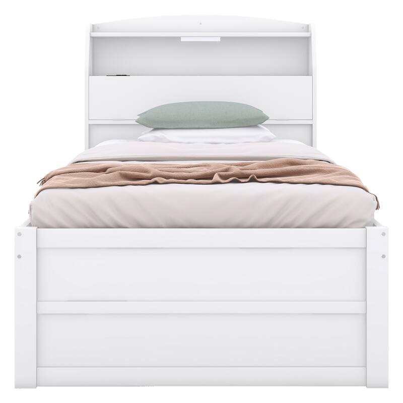 White Twin Size Wooden LED Bed with Trundle and Storage Headboard