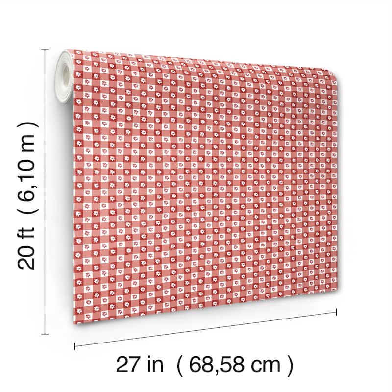 Rifle Paper Co. Daisy Gingham Red Floral Check Premium Peel + Stick Wallpaper
