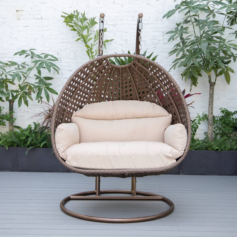 LeisureMod Mendoza Dark Brown 2 Seater Wicker Patio Hanging Double Swing Chair for Patio Porch Backyard Garden - 53"