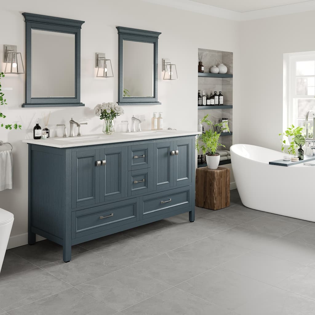 Eviva Britney 60"W x 22"D Ash Blue Bathroom Vanity with White Carrara Quartz Vanity Top and Rectangular Undermount Sink - 60
