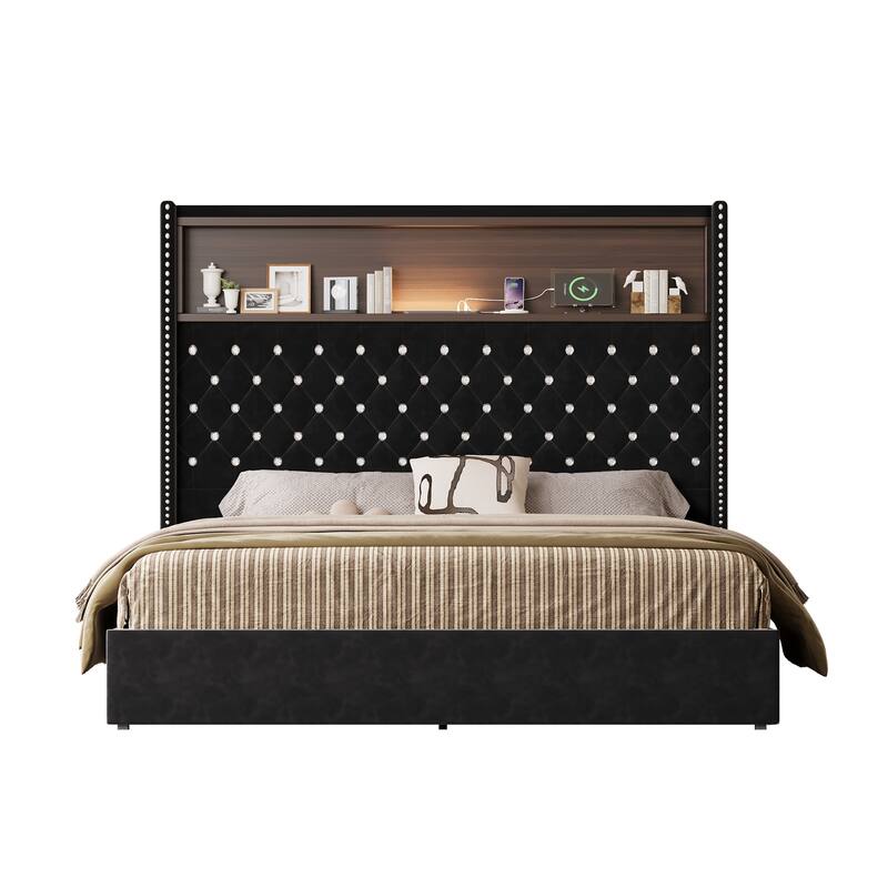 Luxurious Design Platform Bed Frame with USB Port and Night Light