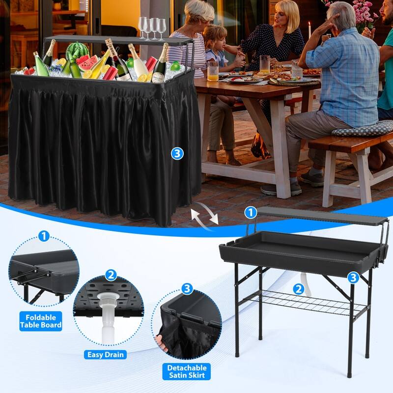 4 ft Folding Ice Table, Party Cooler, Fishing Table with Drain, Skirted Prep (Black)