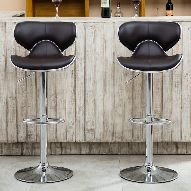 Faux Leather Upholstery Bar Stool Set of 2, Adjustable Swivel Bar Stool with Chrome Base for Kichen Island, Bar & Counter - Dark Brown