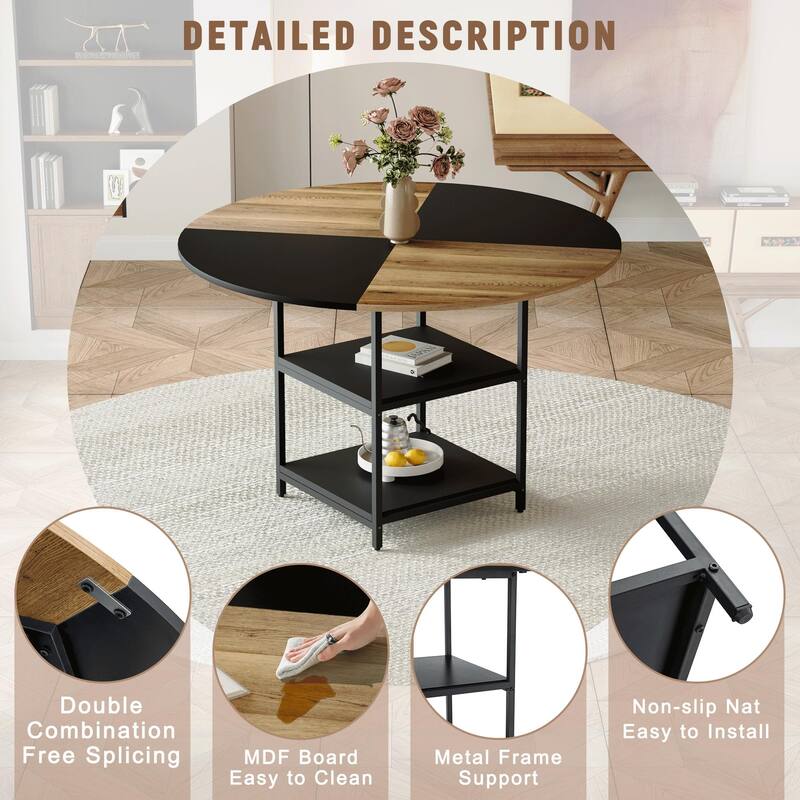 Roomfitters 5/7pcs Spliced Color Round Dining Table Set with Storage Shelf and PU Dining Chairs, Sleek and Comfortable, Black