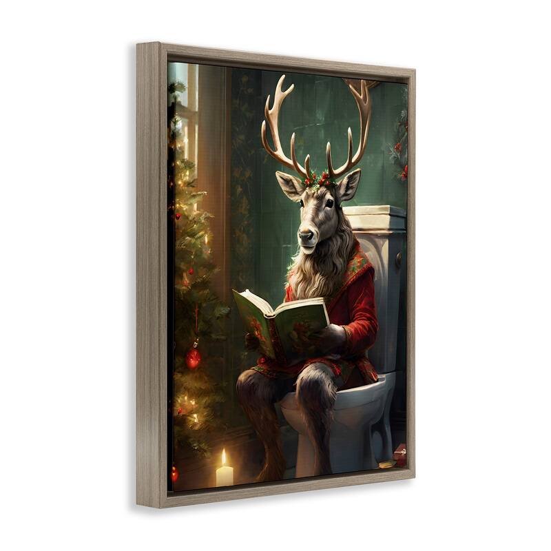 Stupell Reindeer in Festive Bathroom Framed Floater Canvas Wall Art Design By Jo Moulton