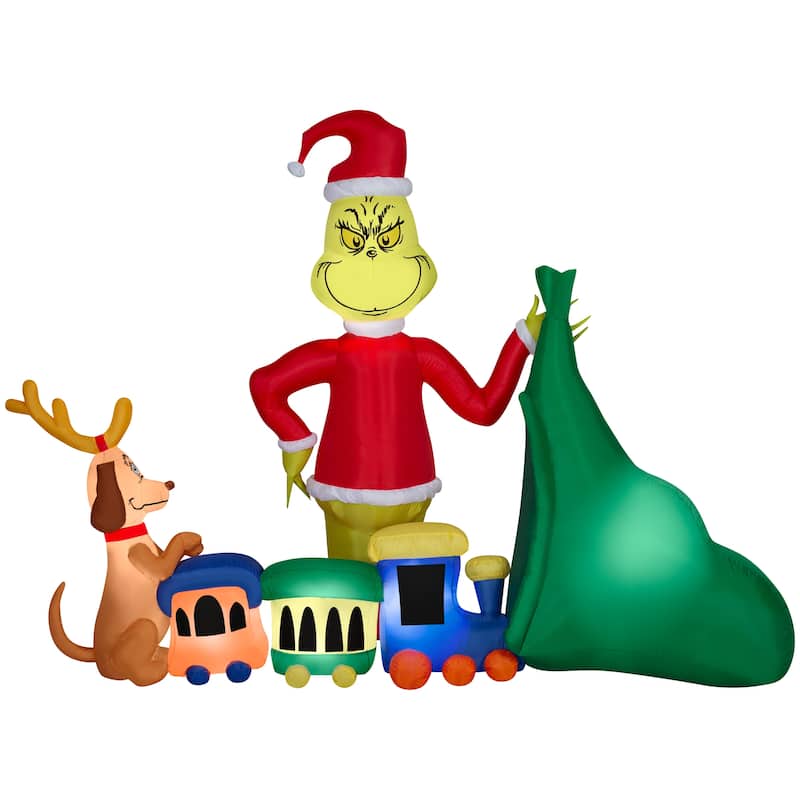 Gemmy Christmas Airblown Inflatable Grinch Putting Train in Santa Sack Scene Dr. Seuss, 6.5 ft Tall
