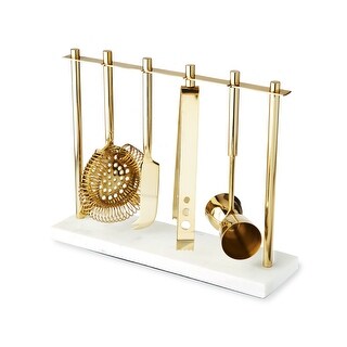 Twine Gold Barware Set, Hawthorne Strainer, Citrus Knife, Ice Tongs, Double Jigger, Marble Stand, Stainless Steel, Set of 4