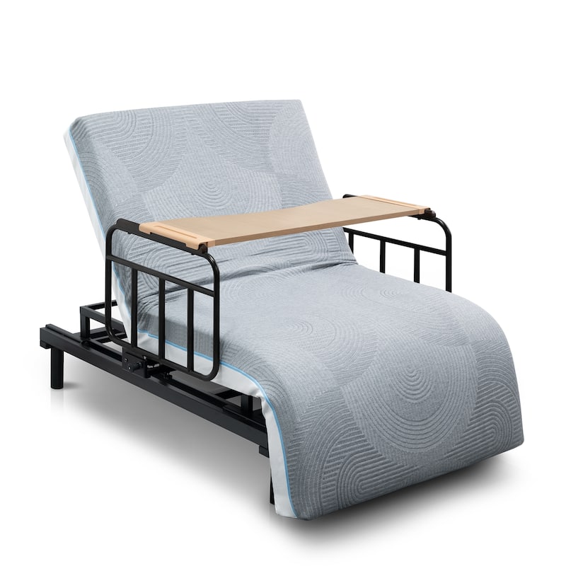 Electric Adjustable Bed with Memory Foam Mattress, Safety Rails, and Detachable Tray for Seniors and Recovery