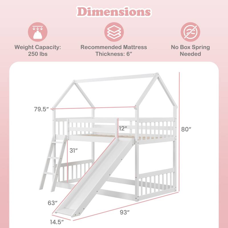 Gymax Twin Over Twin House Bunk Bed w/ Slide Solid Wood Low Bunk Bed