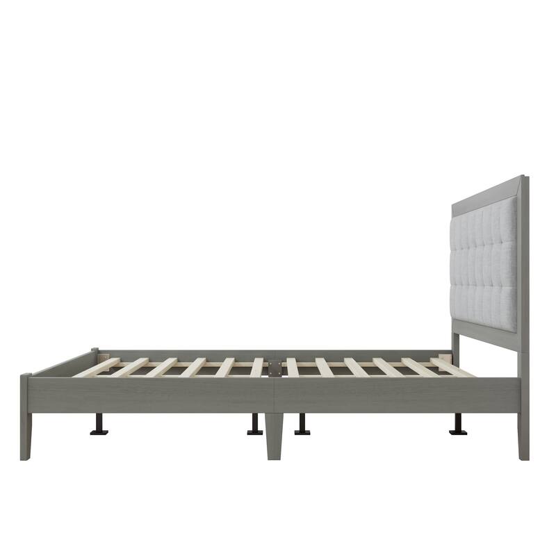Roomfitters Solid Wood Platform Bed Frame, Mid-Century Upholstered Foundation with Tufted Headboard and Slats, Grey